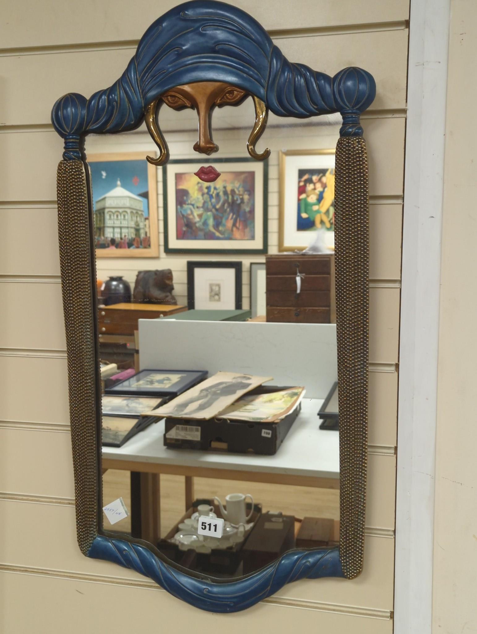 A wall mirror, stylised elephant design after Erte 75cm x 41cm